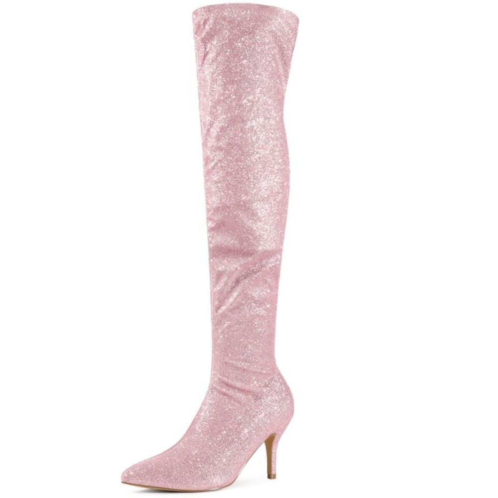 Glitter Pointed Toe Stiletto Heels Pink Over the Knee Boots